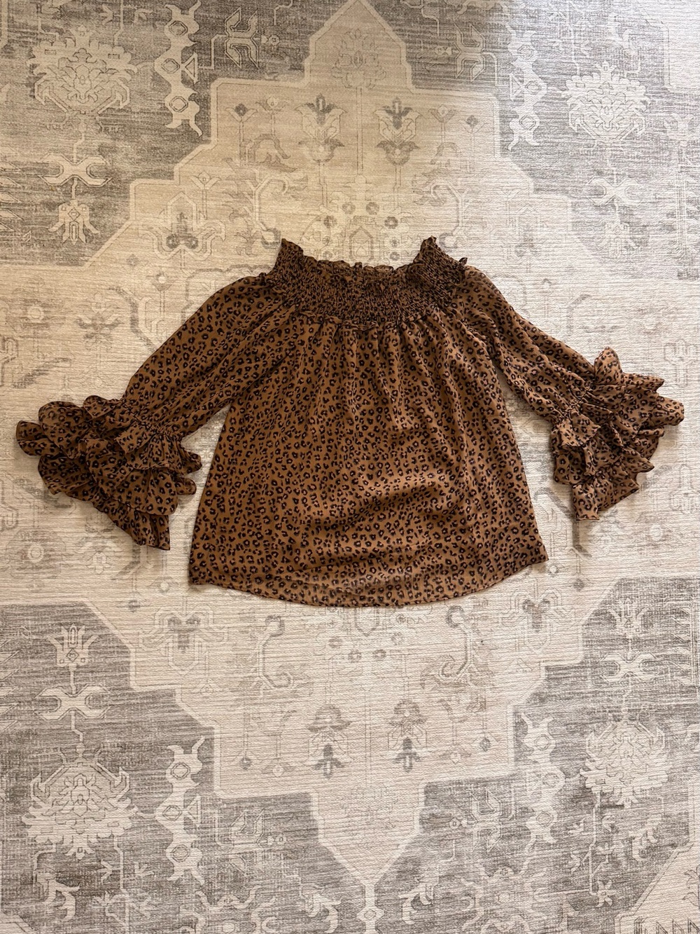 CECE Animal Print  Ruffle-Sleeve Smocked Neck Blouse